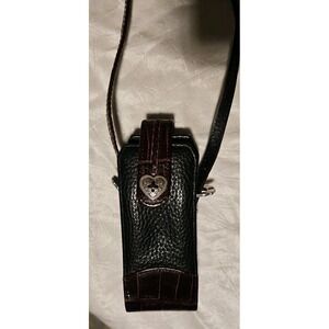 Brighton Cell Phone Case Black Brown Leather Purse Long Strap Crossbody